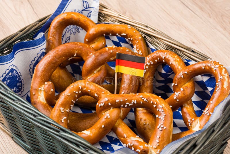 Breadbasket with traditional Bavarian pretzels with German flag