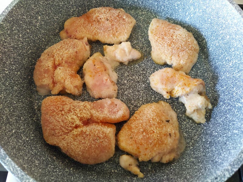 Breaded Chicken Pieces are Fried in a Pan Stock Image Image of home, closeup 193926089