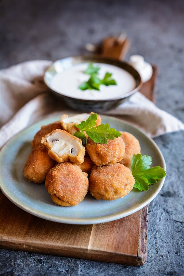 Breaded Deep Fried Mushrooms with Dip Stock Photo - Image of mushrooms ...