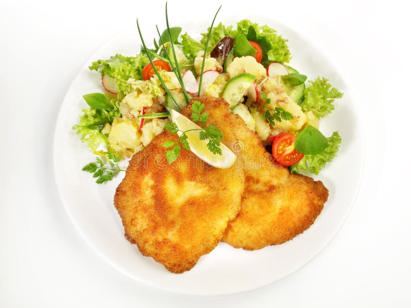 Breaded Schnitzel with Potato Salad Isolated Stock Photo Image of
