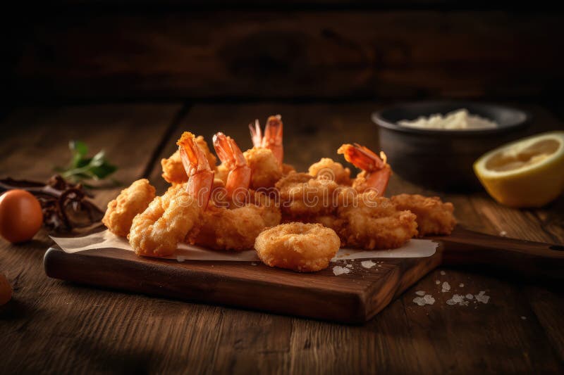 Breaded Shrimp for an Appetizer, Shrimp on a Wooden Board. Generative
