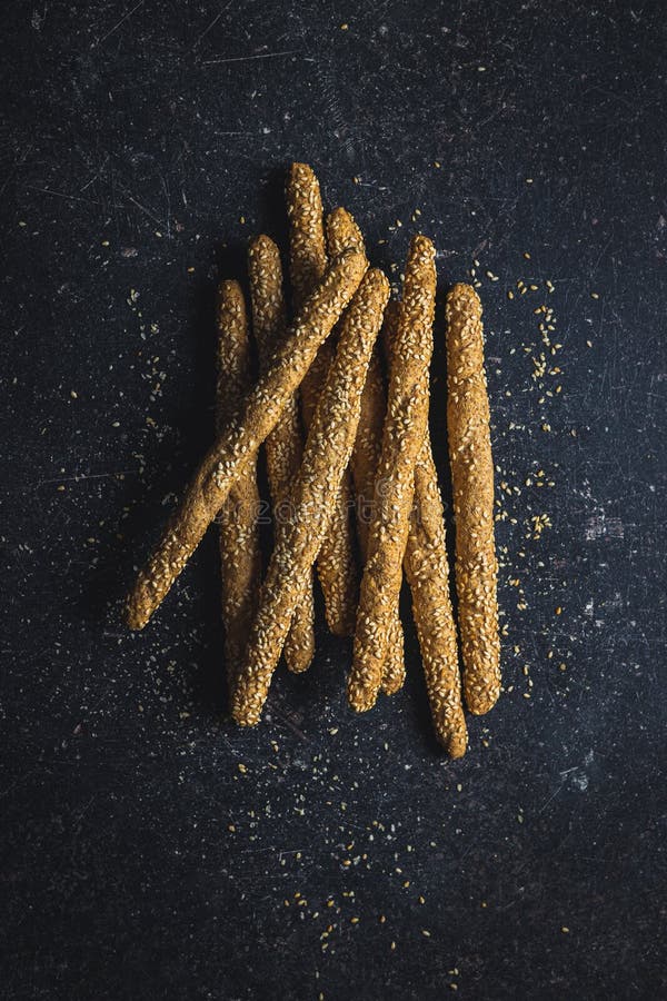 Breadsticks Grissini. Bread Sticks with Sesame Seeds Stock Photo