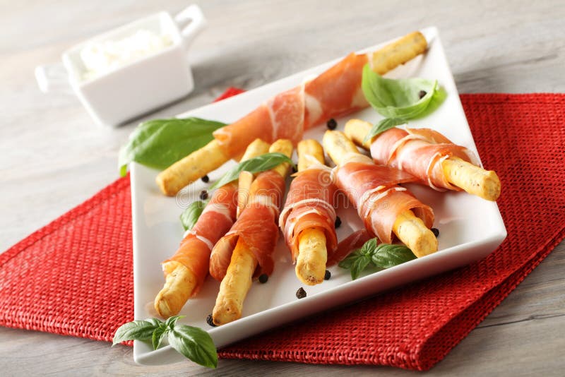 Breadsticks with Raw Ham and Cheese Stock Photo Image of cream