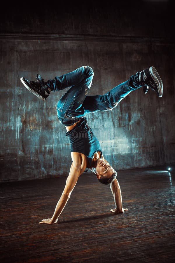 Asian Personal Break Dancer Trainer Doing Handstand On White Background ...