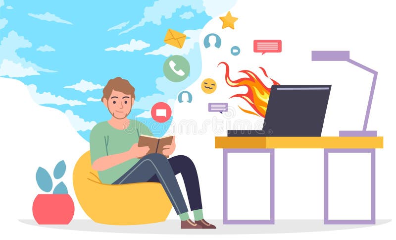 Break from social media. Man stop online messaging and using laptop. Happy character reading books. Burning computer stock illustration