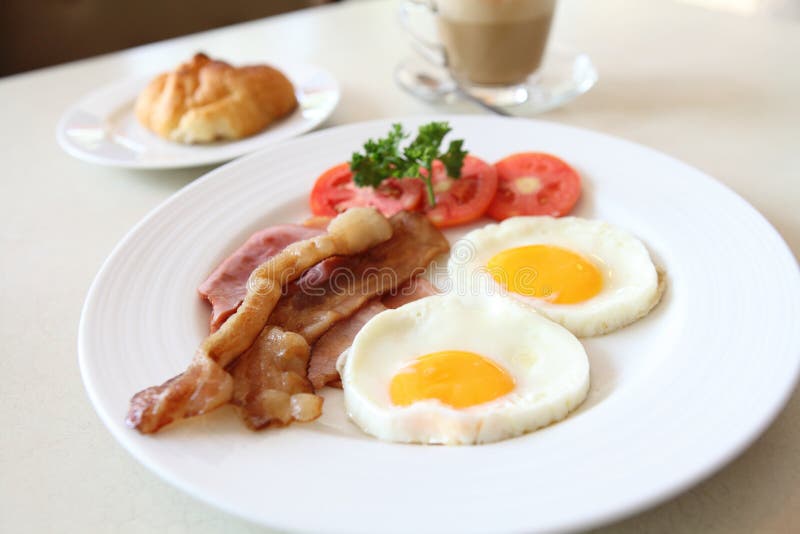 Breakfast with Bacon , Fried Egg and Orange Juice Stock Photo Image