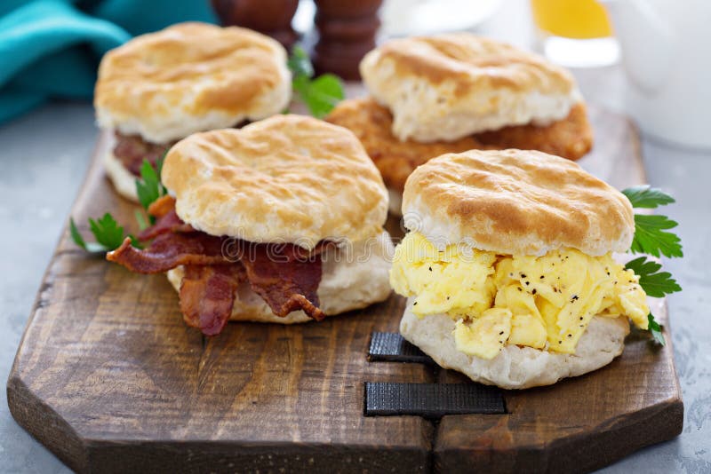 Breakfast biscuits with soft scrambled eggs and bacon royalty free stock photo Breakfast biscuits with soft scrambled eggs and bacon royalty free stock photo