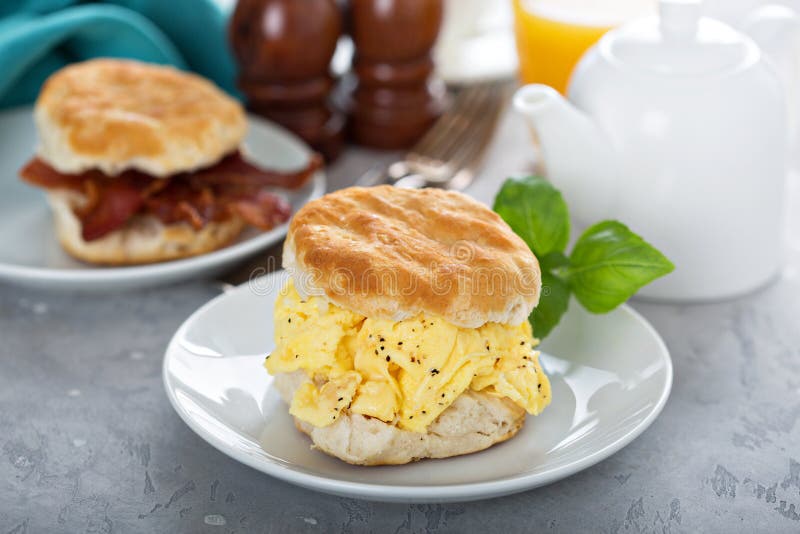 Breakfast Biscuits with Soft Scrambled Eggs and Bacon Stock Photo