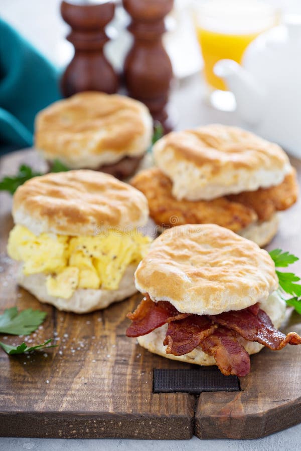 Breakfast Biscuits with Soft Scrambled Eggs and Bacon Stock Photo