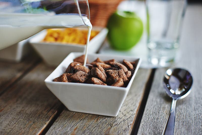 Breakfast with Bowl of Chocolate Cereal and Milk Stock Photo Image of