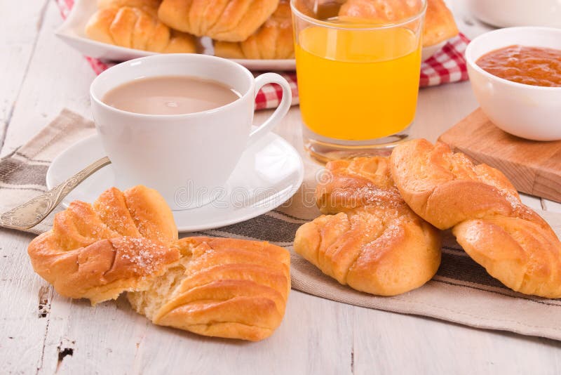 Breakfast with brioches. stock photo. Image of brioche 105843220