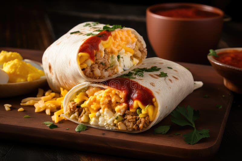 Breakfast Burrito, Filled with Scrambled Eggs, Cheese, and Salsa Stock