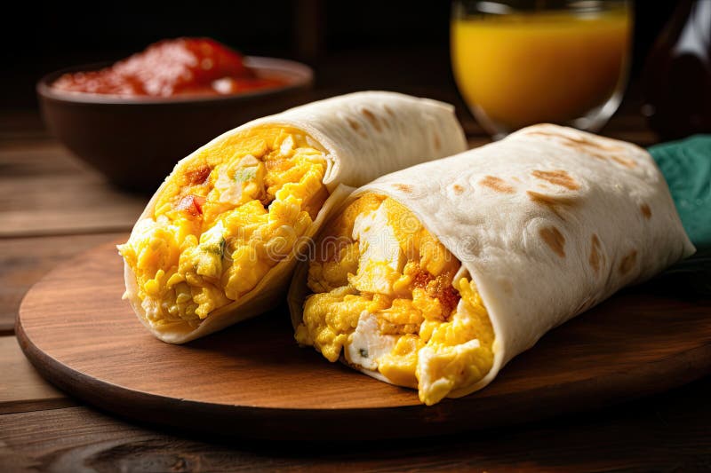 Breakfast Burrito, Filled with Scrambled Eggs, Cheese, and Salsa Stock
