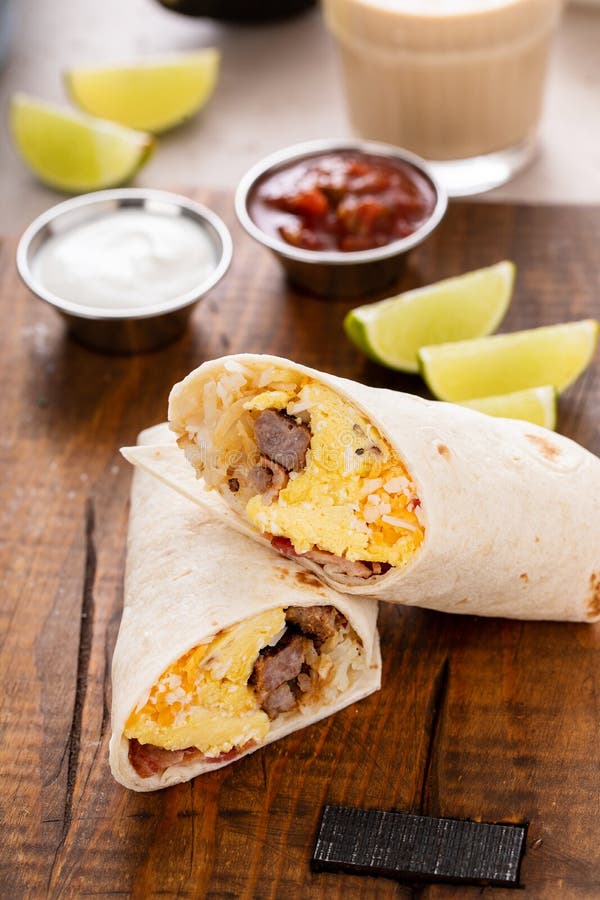 Breakfast Burrito with Sausage, Eggs, Hashbrown and Cheese Stock Image