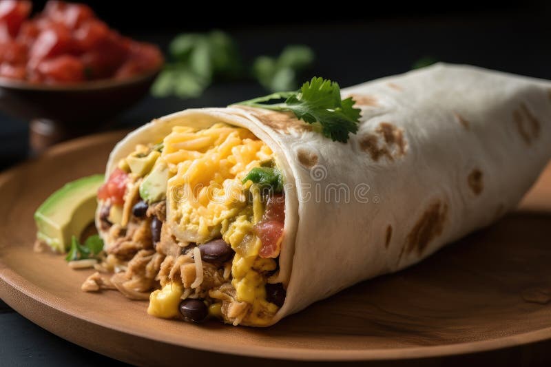 Breakfast Burrito with Scrambled Eggs, Cheese, and Refried Beans Stock