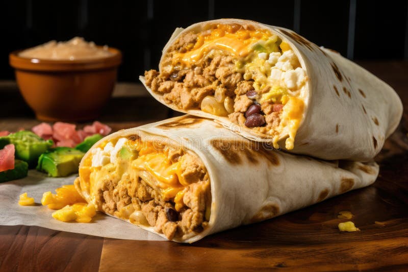 Breakfast Burrito with Scrambled Eggs, Cheese, and Refried Beans Stock
