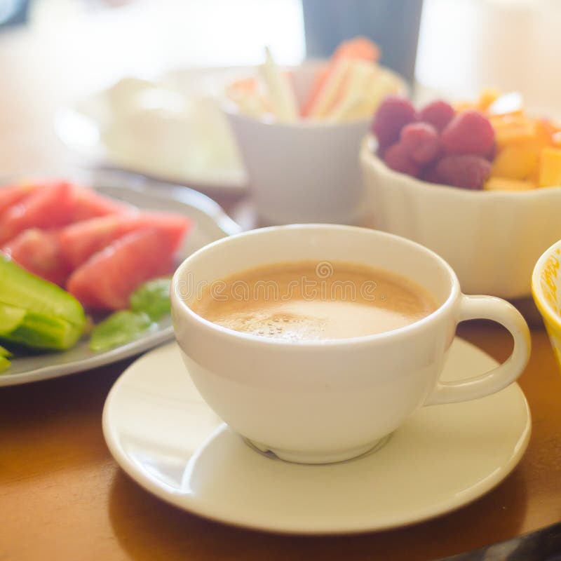 Breakfast Served with Coffee, Orange Juice, Egg and Fruits Stock Photo