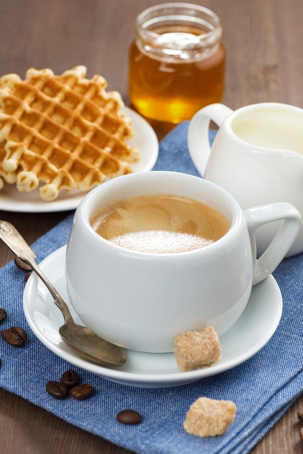 Breakfast with Coffee, Waffles and Honey Stock Image Image of