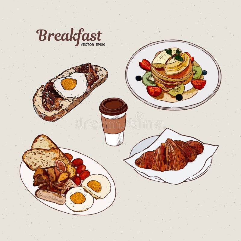 Breakfast Plate with Sausages, Eggs, Ham, Toast, Grilled Potatoes and