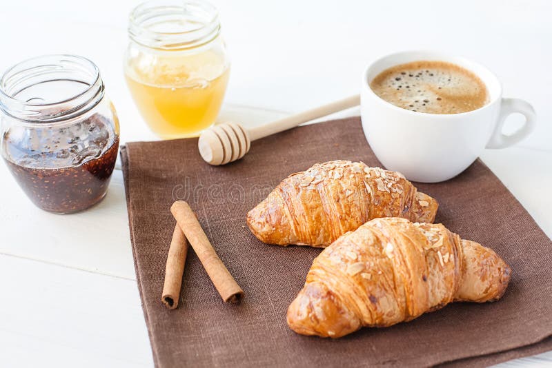 Breakfast with croissant and cup of coffee