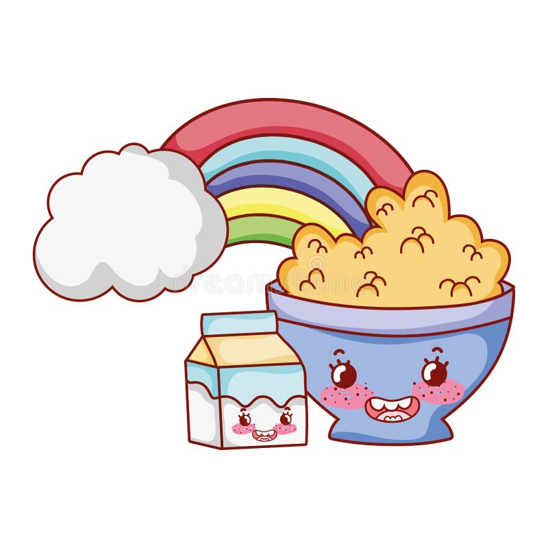 Breakfast cute bowl with cereal yogurt and milk box cartoon