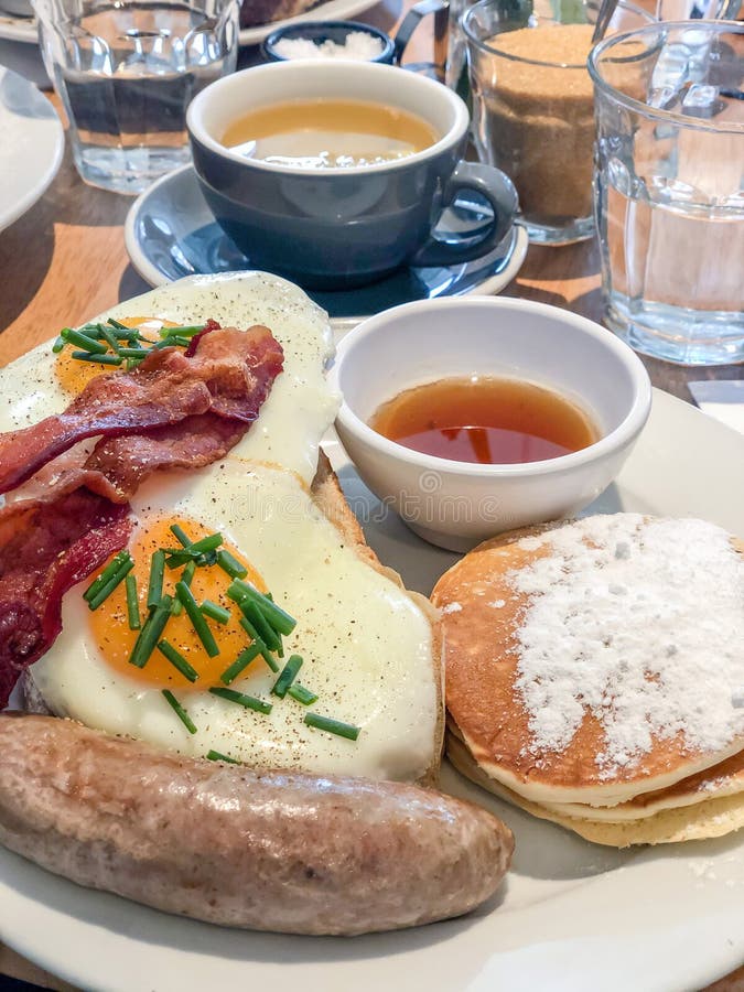 Breakfast with Egg, Pancakes and Sausage on Table Stock Image Image