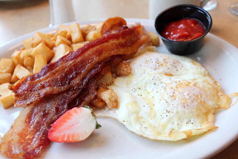 Breakfast of Eggs,bacon and Hash Browns on a White Plate Stock Image