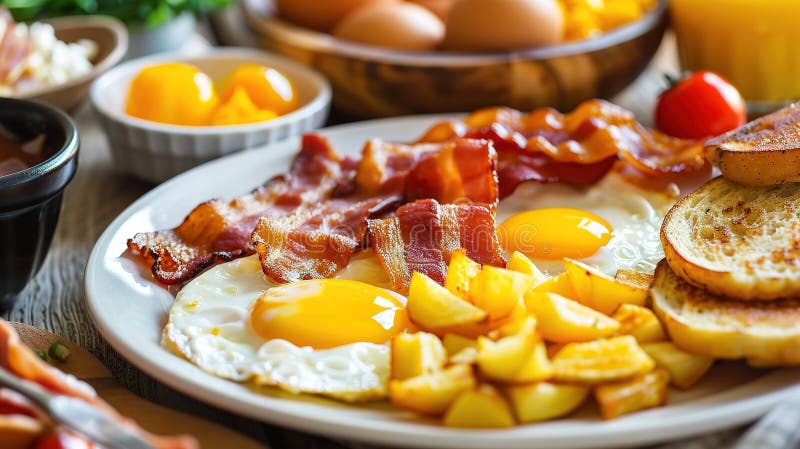 Breakfast of Eggs, Bacon, Toast and Potato. Also Available with Bacon