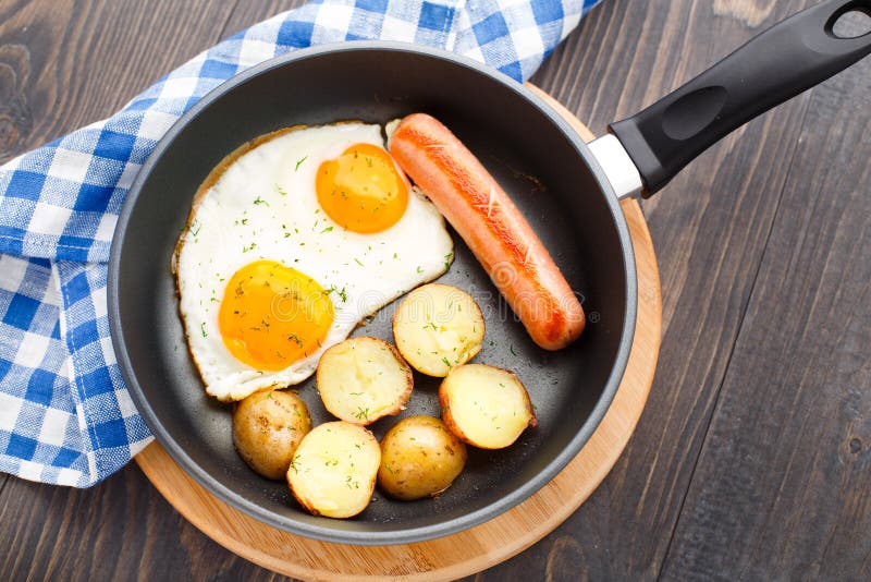 Breakfast with Eggs, Sausage and Potato Stock Image - Image of