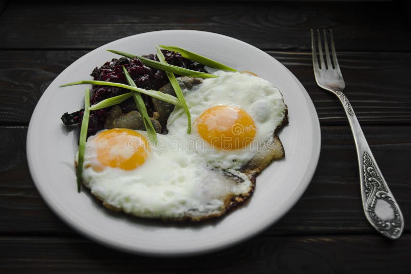 Breakfast Fried Eggs in Lard Green Onion Stock Photo Image of cuisine