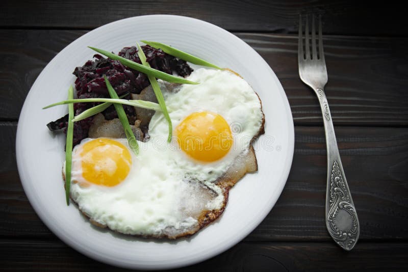 Breakfast Fried Eggs in Lard Green Onion Stock Image Image of closeup