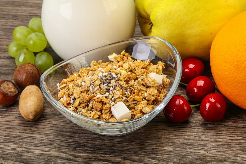Breakfast with Granola and Milk Stock Image Image of breakfast, fruit