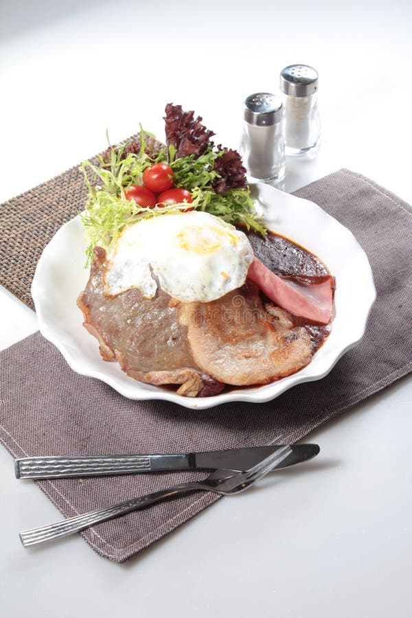 Breakfast with Ham, Bread, Egg, Steak, and More Stock Photo - Image of