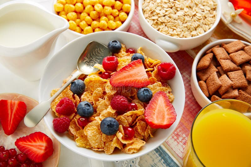 Breakfast healthy cereal coffee and orange juice royalty free stock photo