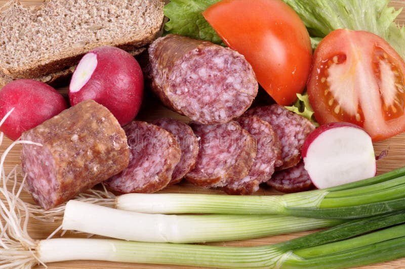 Breakfast with Home Made Sausage Smoked, Tomato, Onion and Bread Stock