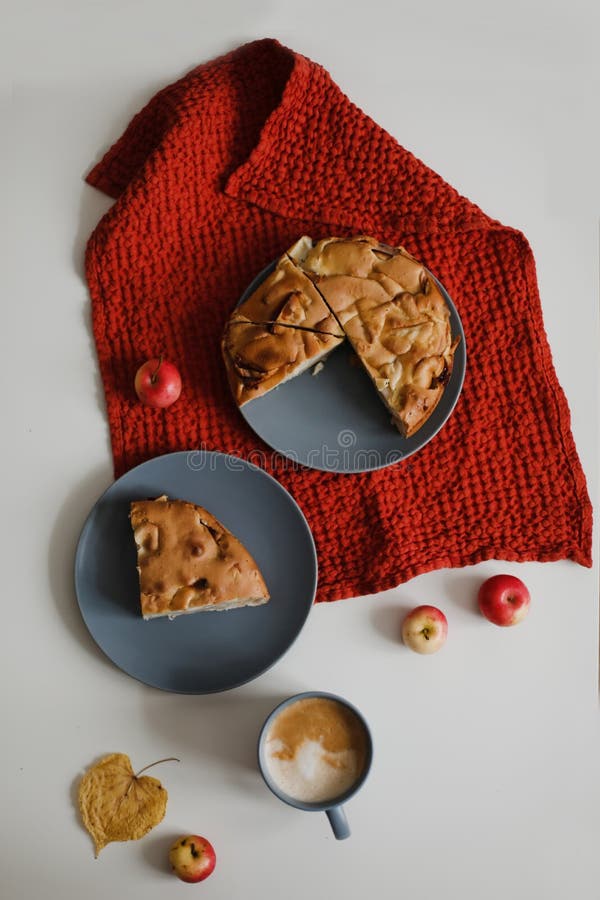 Breakfast with Homemade Apple Pie Charlotte and a Cup of Coffee on