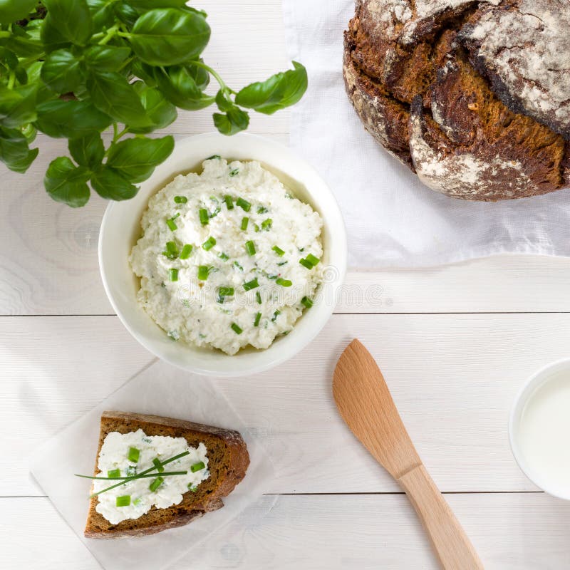 Breakfast including cottage cheese, bread