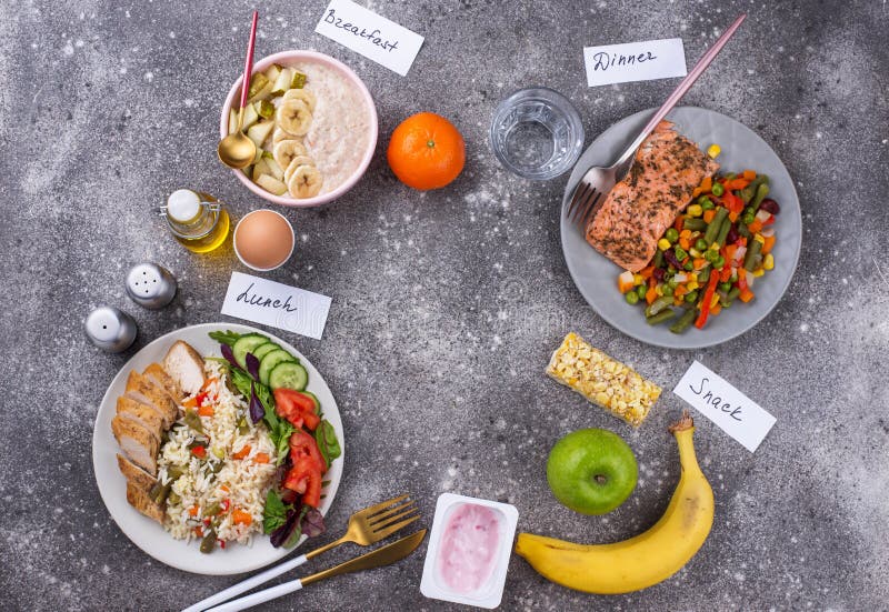 Breakfast, Lunch and Dinner. Balanced Menu Stock Photo - Image of