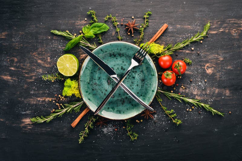 Breakfast Lunch Dinner. Serving Table with Dishes and Vegetables Stock