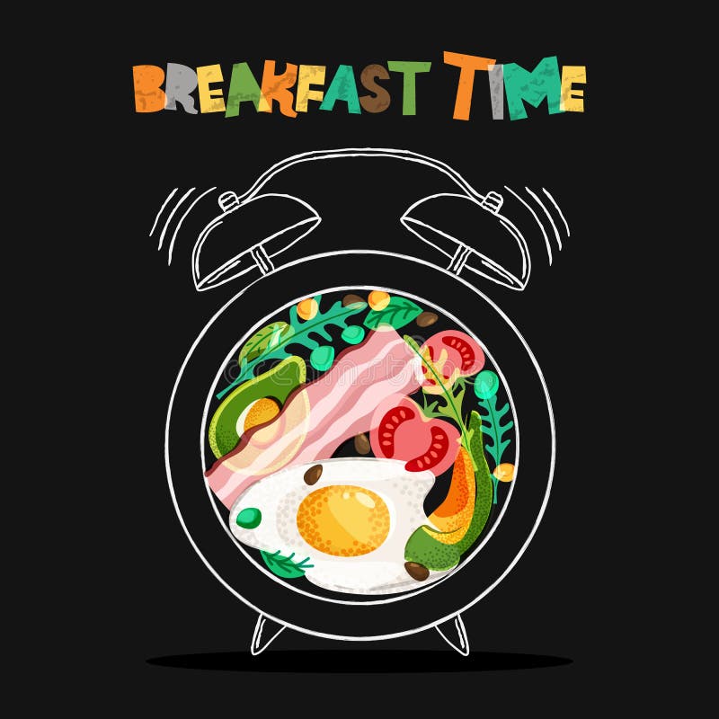 Breakfast menu vector design. Fried eggs, bacon on plate with alarm clock on black background. Breakfast time concept. royalty free illustration Breakfast menu vector design. Fried eggs, bacon on plate with alarm clock on black background. Breakfast time concept. royalty free illustration