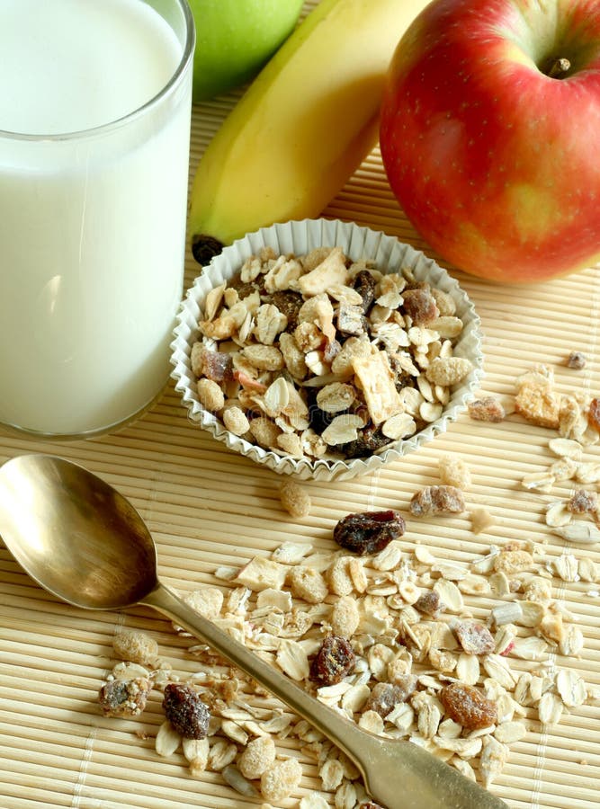 Breakfast, muesli apple and glass of milk