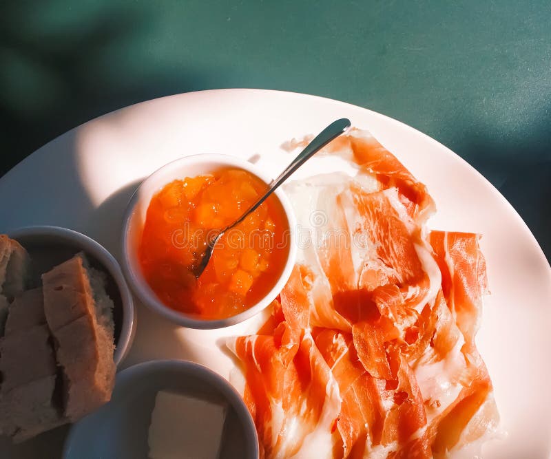 Breakfast Outdoors in Summer, Ham, Jam, Butter and Ham Stock Image