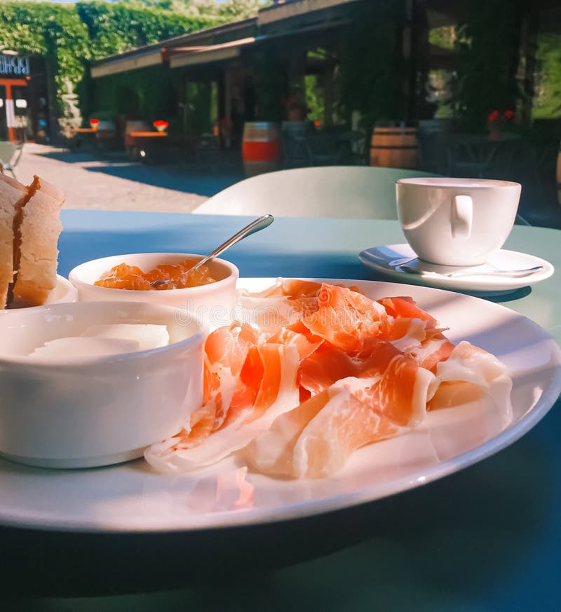 Breakfast Outdoors in Summer, Ham, Jam, Butter and Ham Stock Image