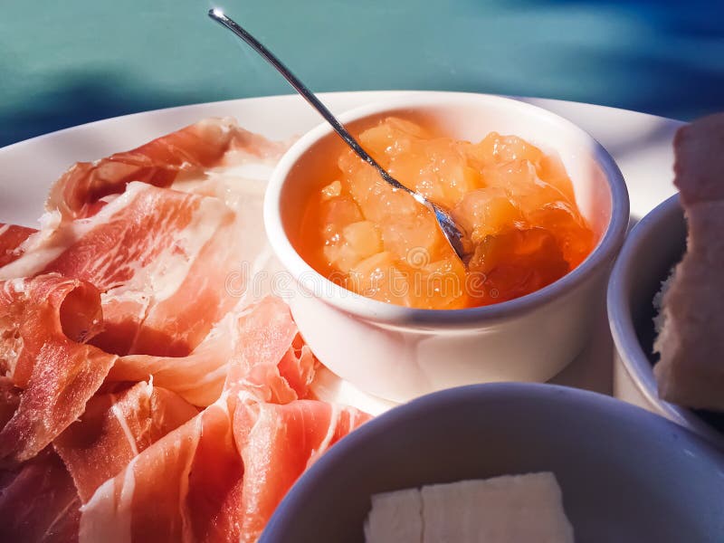 Breakfast Outdoors in Summer, Ham, Jam, Butter and Ham Stock Photo