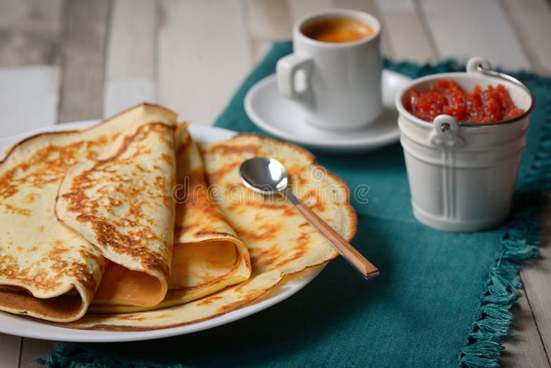 Breakfast with Pancakes and Coffee Stock Photo Image of decorative