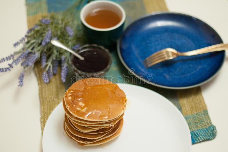 Breakfast with Pancakes and Tea with Honey and Jam Stock Photo Image of fresh, isolated 132197060