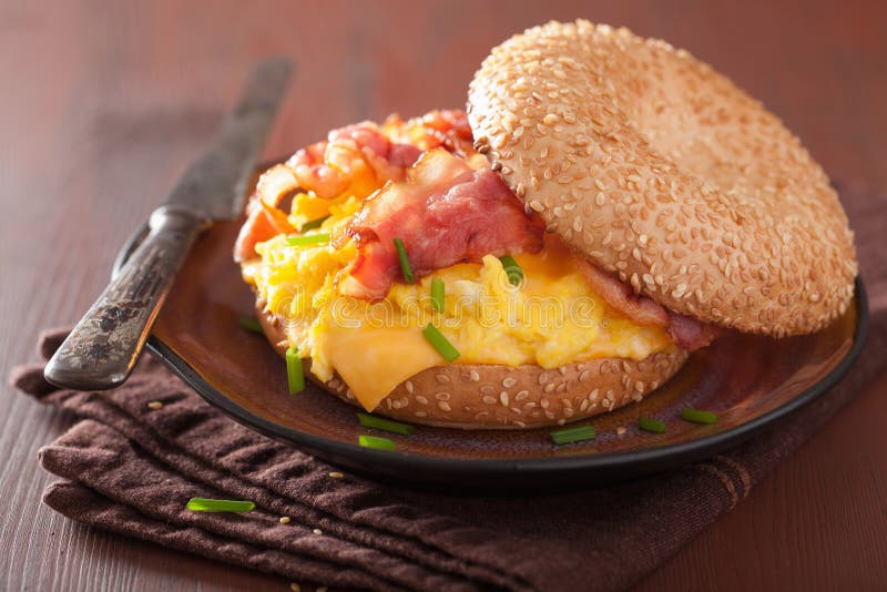 Breakfast Sandwich on Bagel with Egg Bacon Cheese Stock Photo Image