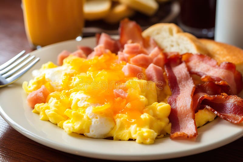 Breakfast with scrambled eggs, bacon and toasts on a plate. Generative AI. vector illustration