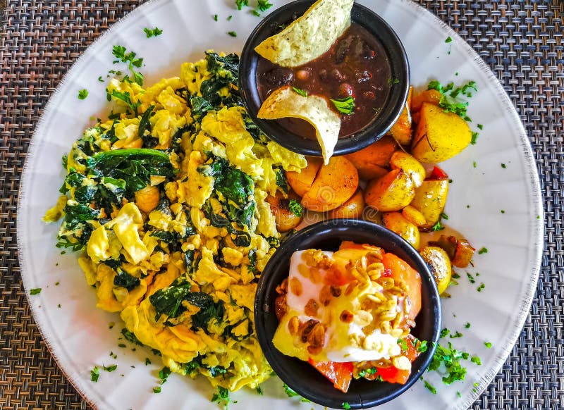 Breakfast Scrambled Eggs Spinach Fruit Potatoes Nicely Arranged on Plate Stock Image Image of