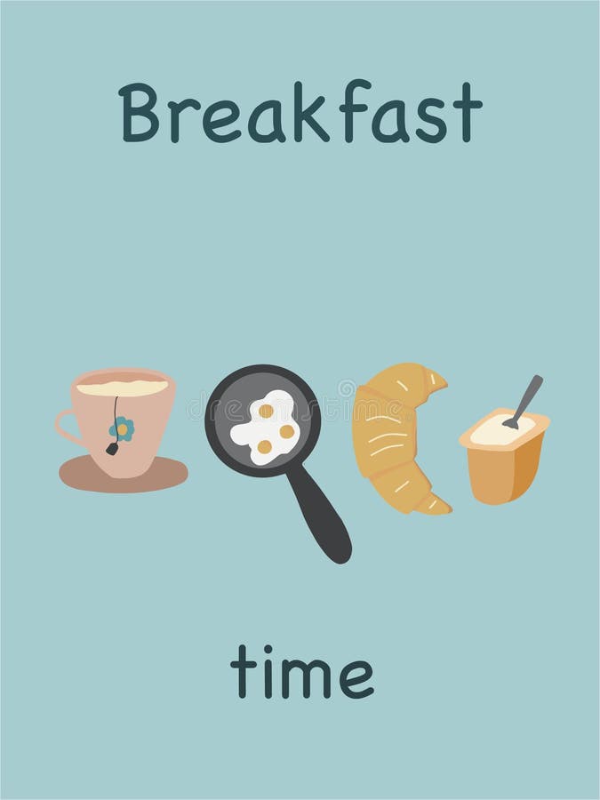 Breakfast Set with Fried Eggs Croissant Yogurt and Tea Stock Vector